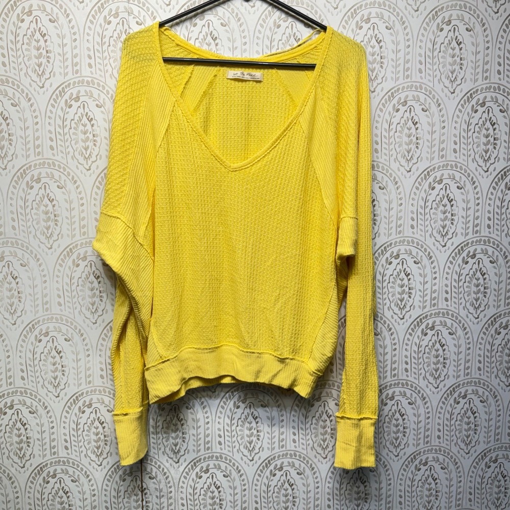 We The Free Free People Thermal Top Womens XS Yellow Waffle Knit VNeck Oversized